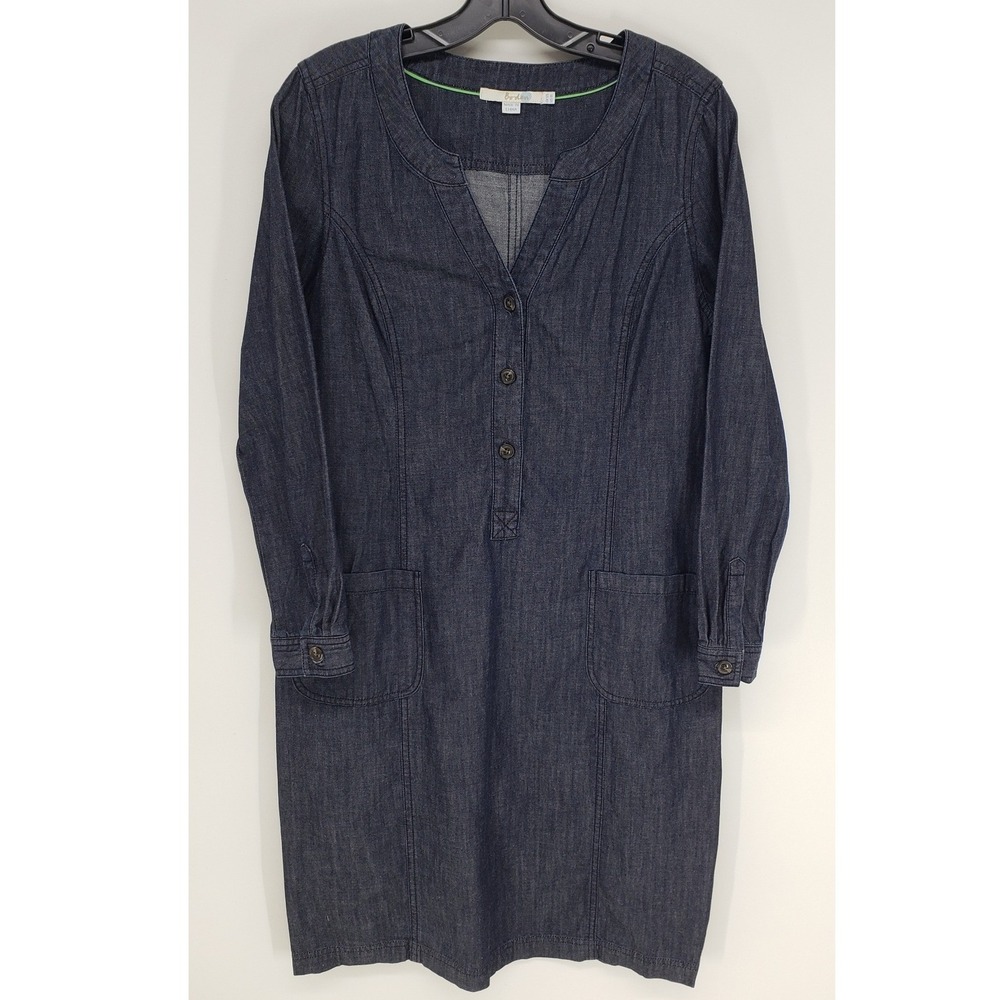 Boden Denim Shift Dress Womens 8L 8 LONG Dark Wash Blue Long Sleeve Cotton WH620